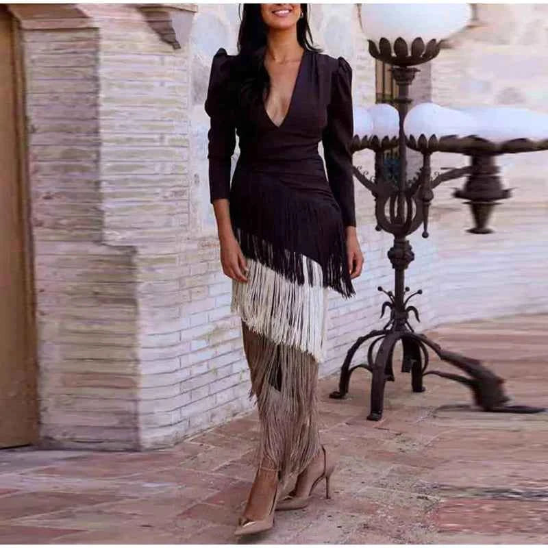 Women Stacked Tassel Maxi Dress Elegant Deep V Neck Full Sleeve Slim Fit Long Gowns Lady New Evening Party Fashion Robes 2025