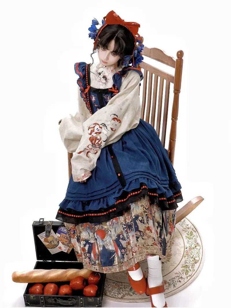 New Spring Chinese Style Female Long-sleeved Weaving Gold Hanfu Dress Set Suit Retro Top Suspender Dress and Pleated Skirt Set