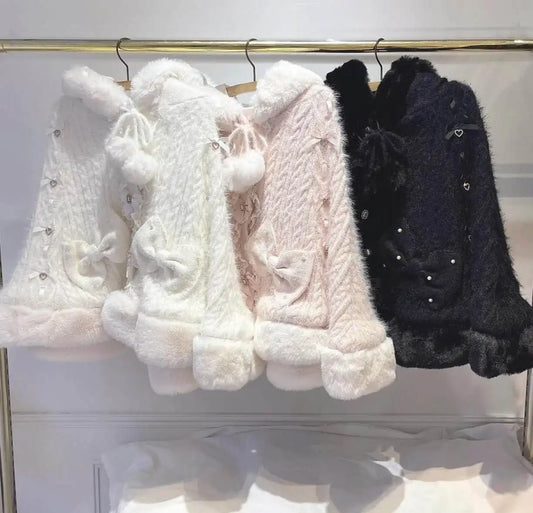 Godivana Lolita Faux Rabbit Fur Cape, Hooded Batwing Sleeve Winter Jacket