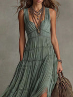 Women Boho Sleeveless V Neck Tiered Pleated Maxi Dress Ruffled Chiffon Flowy Split Hem Vintage Country Casual Western Long Dress