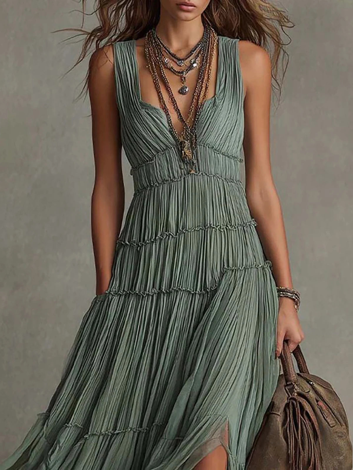 Women Boho Sleeveless V Neck Tiered Pleated Maxi Dress Ruffled Chiffon Flowy Split Hem Vintage Country Casual Western Long Dress