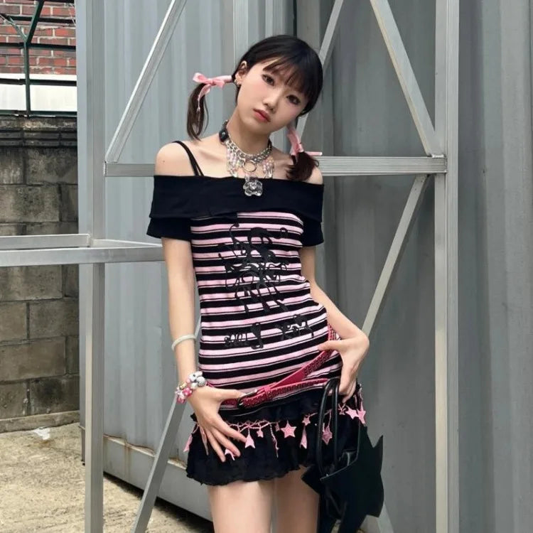 Slash Neck Black Pink Striped T-shirts 2025 Summer New Slim Waist Tops Women Y2k Grunge Off Shoulder Short Sleeve Tee Shirt SS69