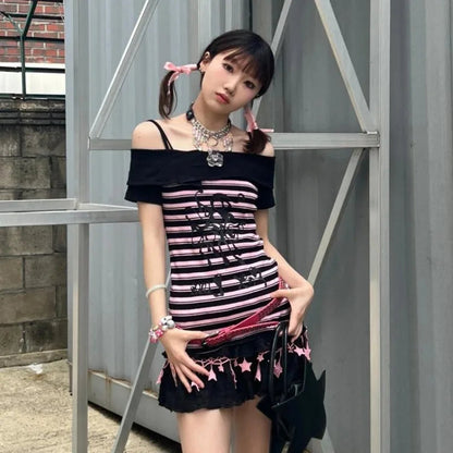 Slash Neck Black Pink Striped T-shirts 2025 Summer New Slim Waist Tops Women Y2k Grunge Off Shoulder Short Sleeve Tee Shirt SS69