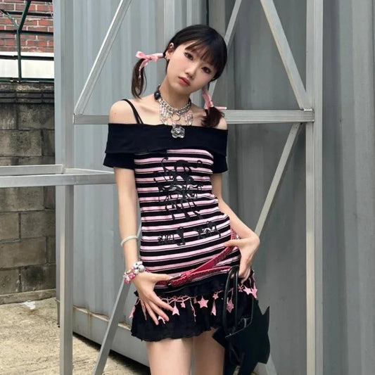 Slash Neck Black Pink Striped T-shirts 2025 Summer New Slim Waist Tops Women Y2k Grunge Off Shoulder Short Sleeve Tee Shirt SS69