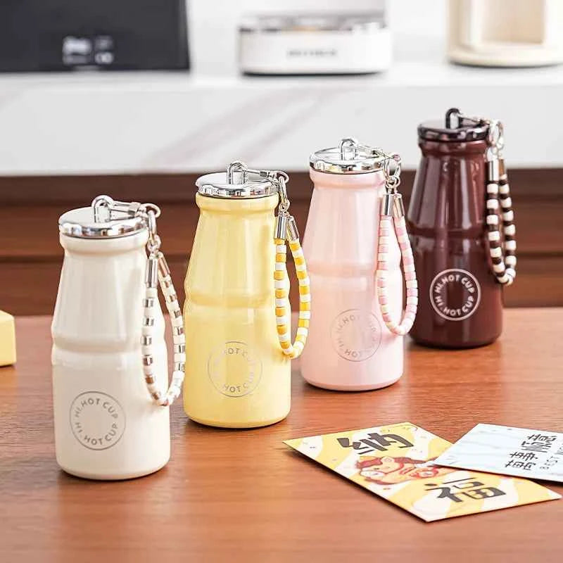 1pc Vintage Milk Coffee Cup 280ml Mini Stainless Steel Pocket Cup Portable Travel Lanyard Direct-Drinking Thermal Cup