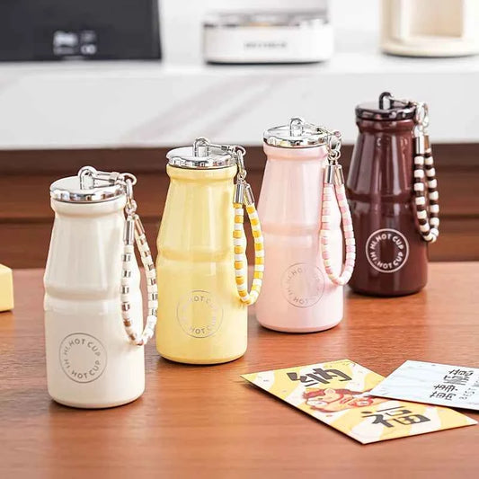 1pc Vintage Milk Coffee Cup 280ml Mini Stainless Steel Pocket Cup Portable Travel Lanyard Direct-Drinking Thermal Cup