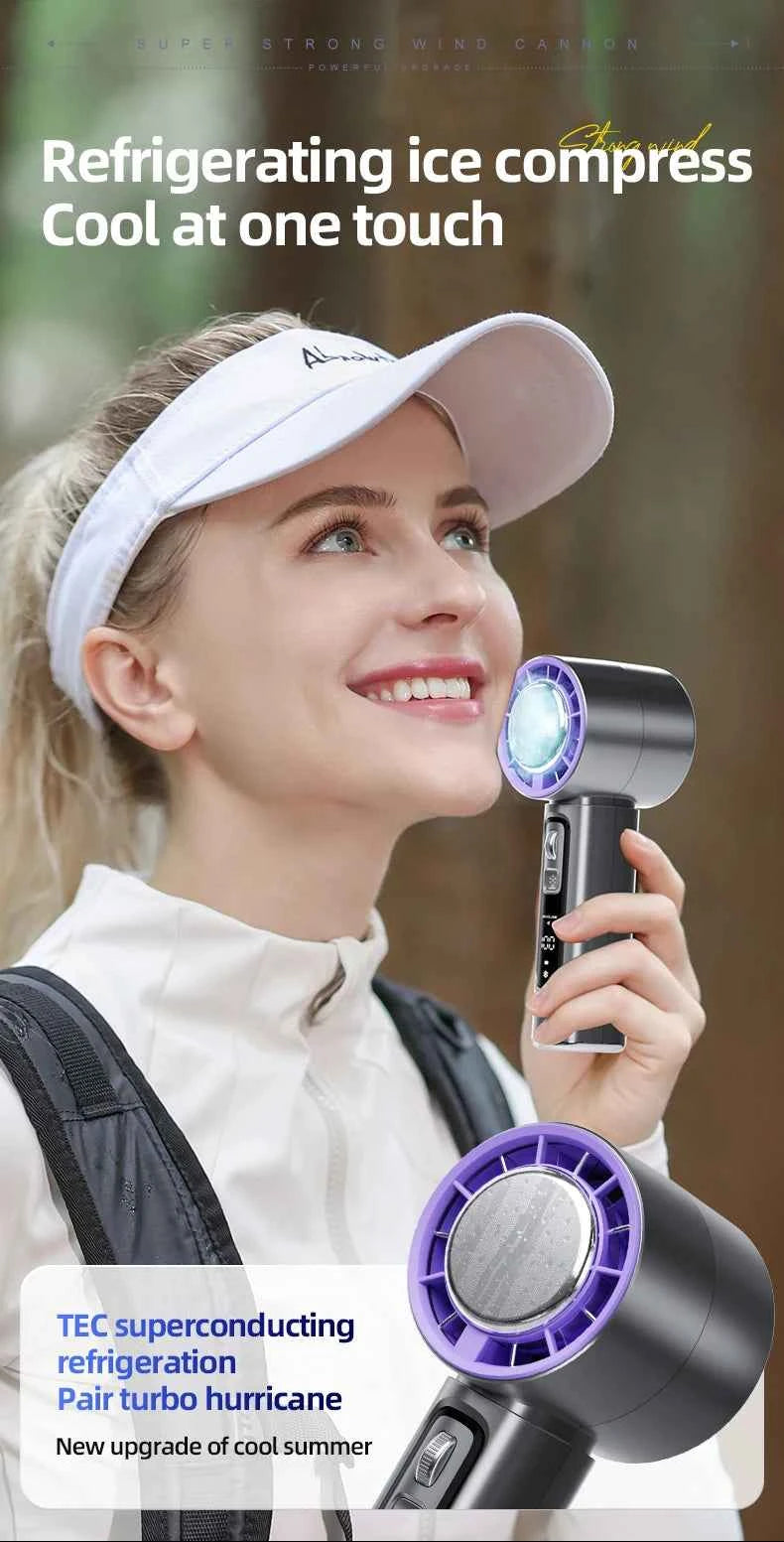 Outdoor Portable Mini Fan Handheld Fan with LED Display Semiconductor Refrigeration 100 Wind Speeds USB Rechargeable Battery Fan
