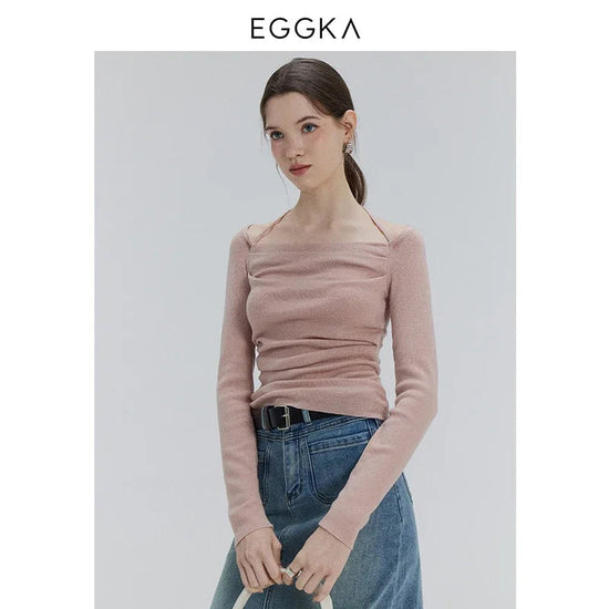 EGGKA Autumn One-shoulder Halter Neck Knitted Tops Women Slim Designer T-Shirts Slash Neck Long Sleeve Tops Korean Fashion Tees SS69