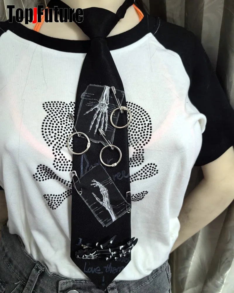Women Men Y2K Girl Boy Gothic Harajuku Punk Steampunk Pre-Tied Ties Skeleton Necktie Accessories Halloween Cosplay Tie Choker SS69