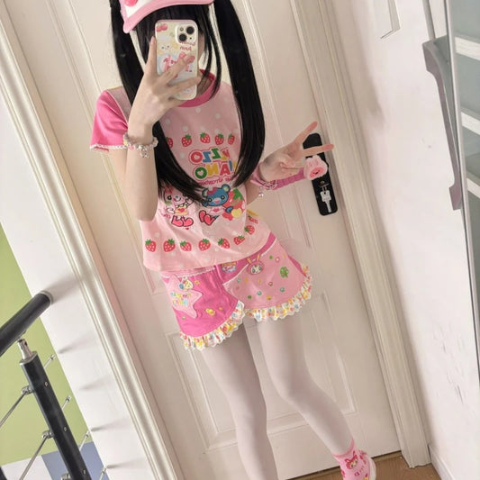 Y2k Aesthetics Cartoon Print Women T-shirt Japanese Kawaii E-girl Contrast Color Cute Strawberry Tees Fairy Grunge Tshirts Tops - SS69