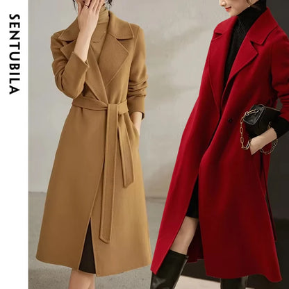SENTUBILA Women 100% Wool Long Wrap Coat 2026 Elegant Notched Collar Belted Warm Double Faced Woolen Winter Overcoat W24O43352