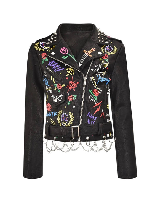 Fashion chain beading leather jacket Locomotive graffiti cartoon pu Leather Jacket female Punk Motorcyle Jacket with belt F2161 SS69