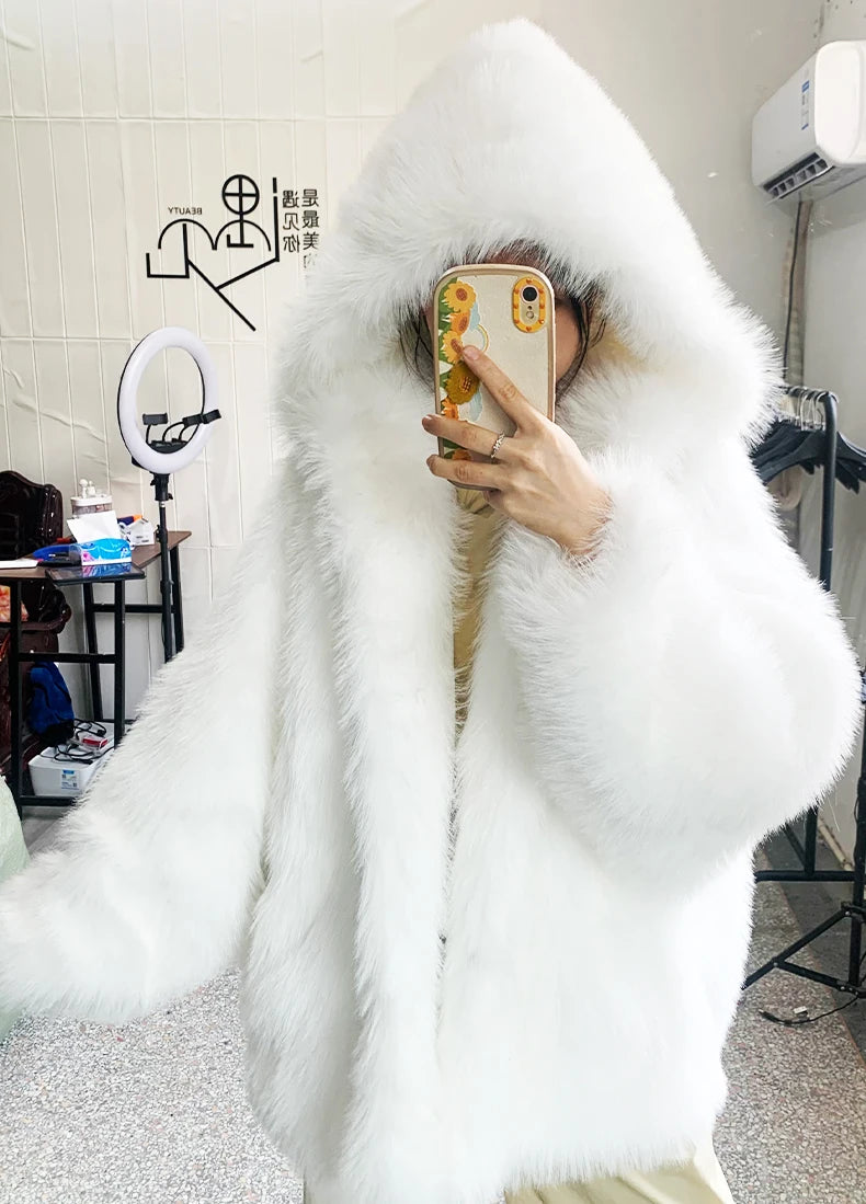 Nerazzurri Women's Faux Fur Coat with Hood - Warm & Fluffy