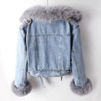 Women's Faux Fox Fur Collar Jean Jacket - Warm Winter Outwear