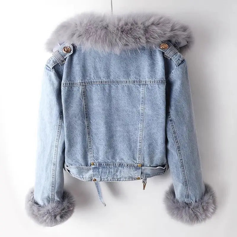Women's Faux Fox Fur Collar Jean Jacket - Warm Winter Outwear