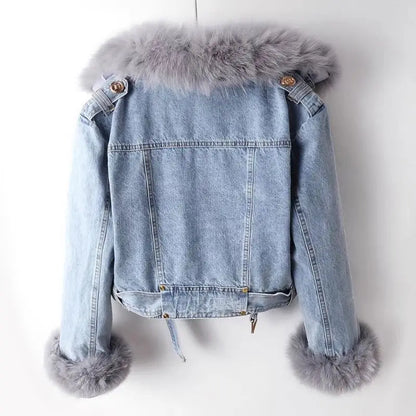 2026 New Women Faux Fox Fur Collar Jean Coat Winter Jacket Female Short Warm Parkas Rabbit Hair Lining Outwear Fashion Overcoat