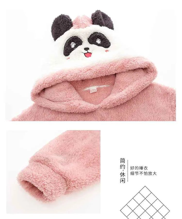 Adult Winter Thicken Sleepwear Pajamas Set Women Coral Fleece Pyjama Cartoon Deer Panda Hooded Homewear Loungewear Pijamas Suit