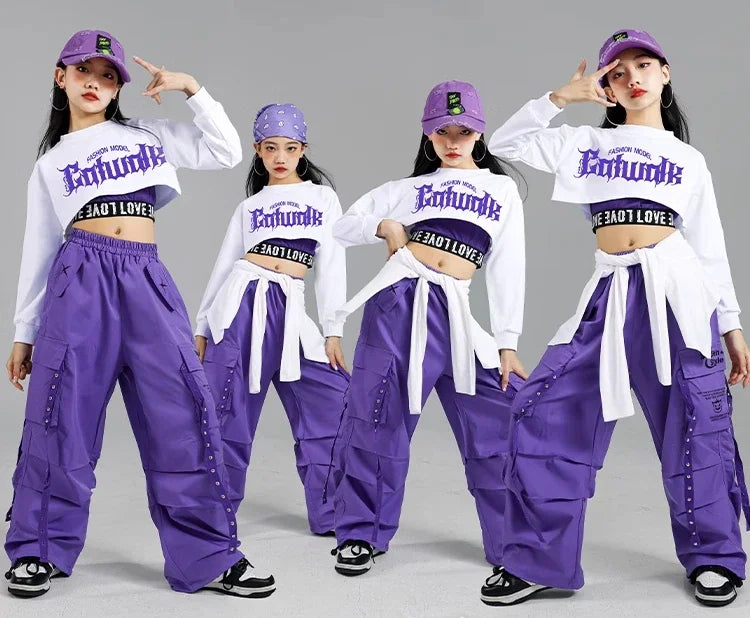 Girls K-Pop Street Dance Outfit: Purple Crop Top & Cargo Pants