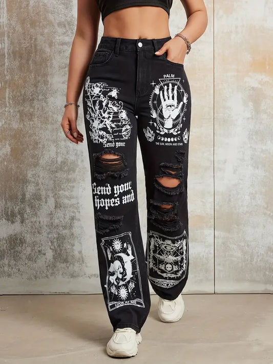 2025 New Style Women's Jeans Women's Spring And Autumn New Hot Selling Street INS Same Style Print Ripped Straight Jeans SS69