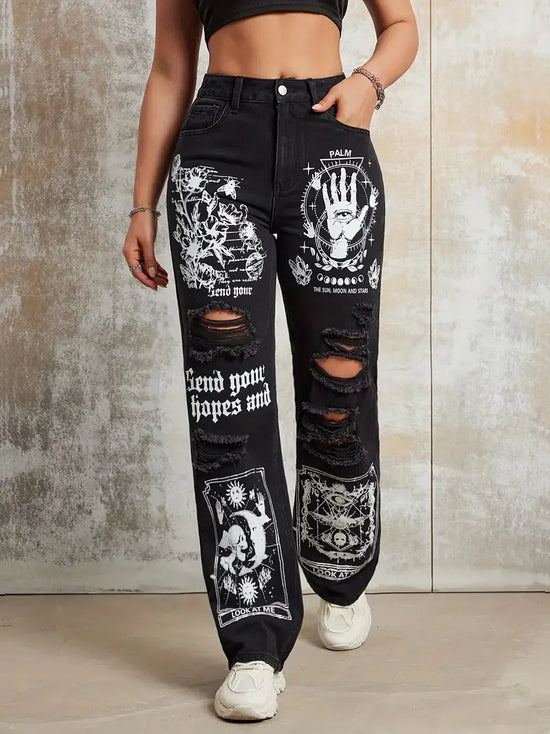 2025 New Style Women's Jeans Women's Spring And Autumn New Hot Selling Street INS Same Style Print Ripped Straight Jeans SS69