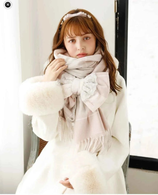Japanese Liz New Lazy Wind Girls Sweet Plaid Lace Bow Scarf Soft Warm Women's Winter Lolita Scarf