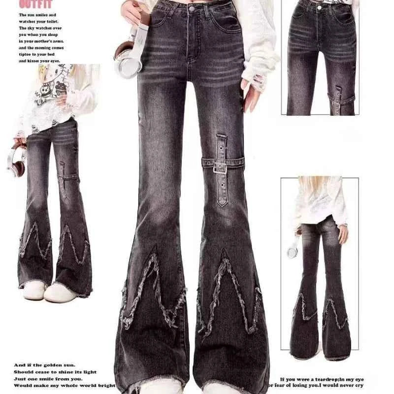 Vintage Slim Micro-flare Jeans Women Ins Fashionable Splicing Belt Edge Y2K Pants High Waist Straight American Street Trousers