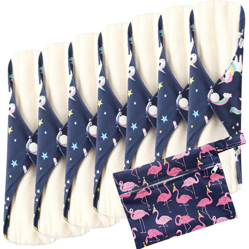 8pcs/Set 7pcs Cloth Menstrual Pad Mama Sanitary Reusable Soft Washable Charcoal Period Napkins +1pc Bonus Free Mini Wet Bag
