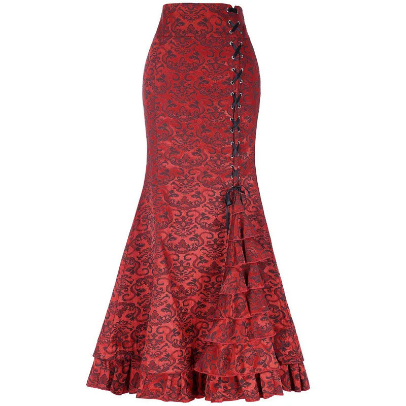 Gothic Fish Tail Skirt - High Waisted Lace-Up Trumpet Skirt