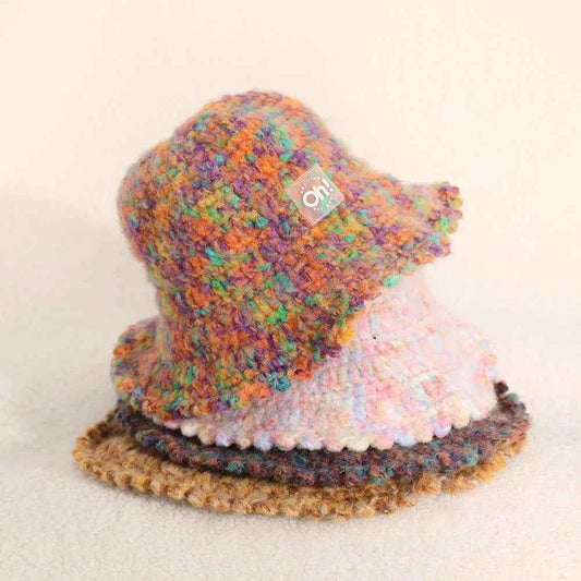 OhSunny Autumn Winter Wavy Brim Bucket Hats,Rainbow Cute Thermal Caps Women's Outdoor Warm Hand-knitted Fisherman Caps Packable