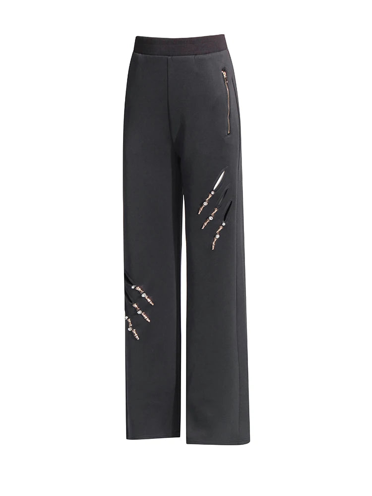 Solid Patchwork Diamonds Designer Wide Leg Pants For Women High Waist Patchwork Pockets Hollow Out Chic Pant Female SS69