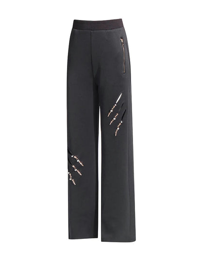 Solid Patchwork Diamonds Designer Wide Leg Pants For Women High Waist Patchwork Pockets Hollow Out Chic Pant Female SS69