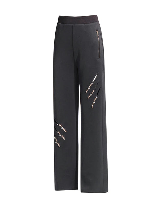 Solid Patchwork Diamonds Designer Wide Leg Pants For Women High Waist Patchwork Pockets Hollow Out Chic Pant Female SS69