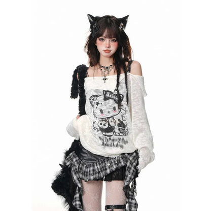 Sanrio Hello Kitty Y2k Spicy Girl Cute Graffiti T-shirt Slash Neck Micro Transparent Strap Top Women New Trend Long Sleeve Tees SS69