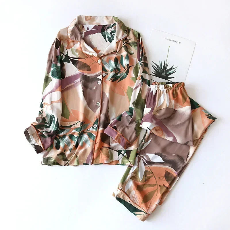 Spring / Summer New 100% viscose long-sleeved trousers pajamas SS69 32.69 Ink flower / XXL / CHINA