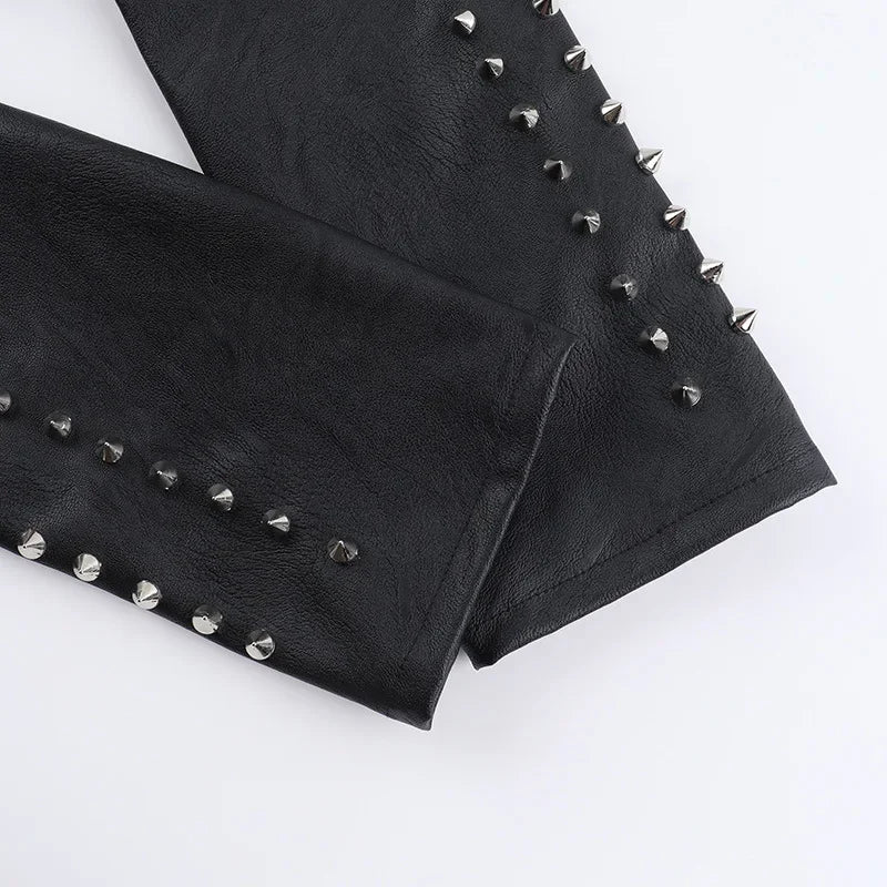 Punk Faux Leather Cropped Jacket with Rivets - Women's Streetwear