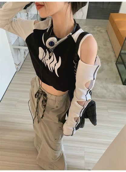 Female Off Shoulder Long Sleeve Tops European and American Sexy Women's Short Slim Navel Print T-Shirt Y2k Vintage Gothic Autumn SS69