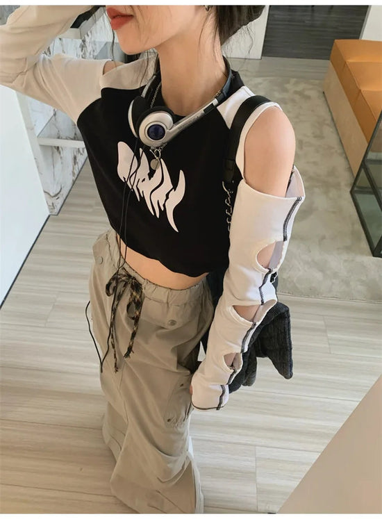 Female Off Shoulder Long Sleeve Tops European and American Sexy Women's Short Slim Navel Print T-Shirt Y2k Vintage Gothic Autumn SS69