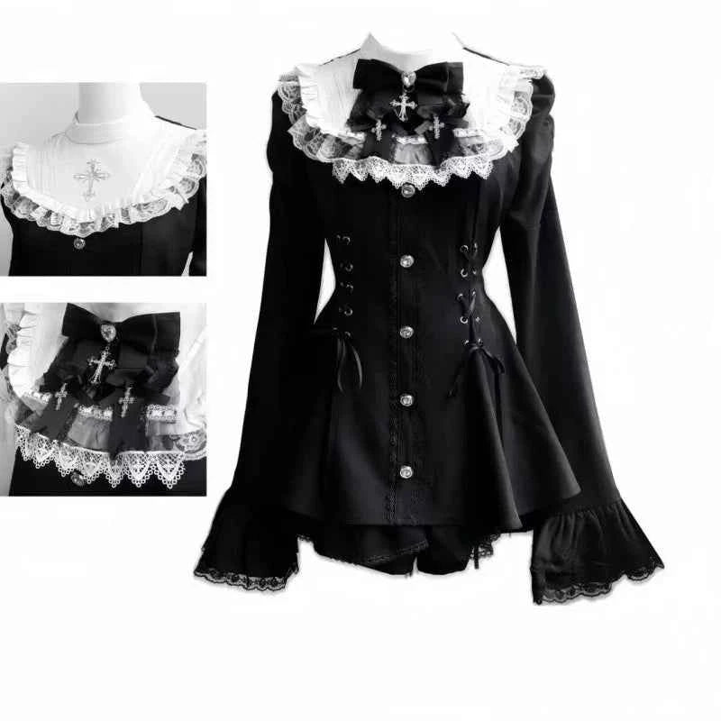 2025 Autumn Gothic Lolita Dress Sweet Heart Black Bow - Elegant Long Sleeve Short Dress with Lace Trim Slim Fit Waist for Women