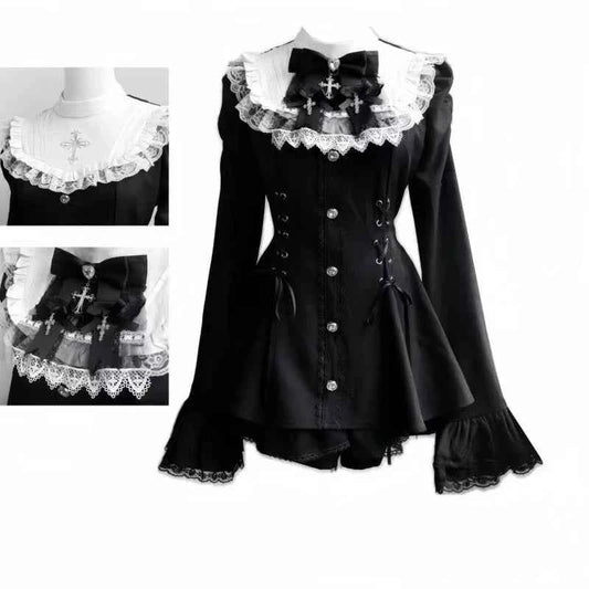 2025 Autumn Gothic Lolita Dress Sweet Heart Black Bow - Elegant Long Sleeve Short Dress with Lace Trim Slim Fit Waist for Women