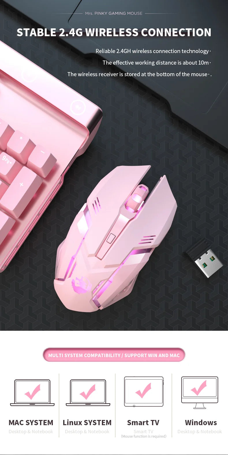 Gaming Mute Rechargeable Mouse 2.4GWireless Pink USB  RGB Gamer Ergonomic Mice Optical Office Computer Mouse for IOS Android SS69