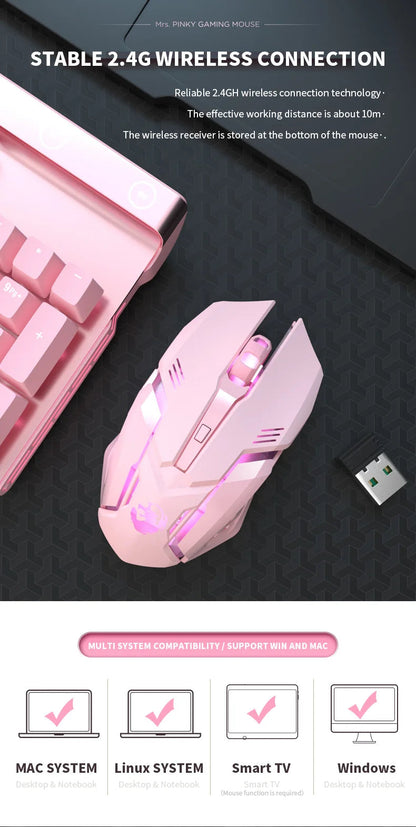 Gaming Mute Rechargeable Mouse 2.4GWireless Pink USB  RGB Gamer Ergonomic Mice Optical Office Computer Mouse for IOS Android SS69