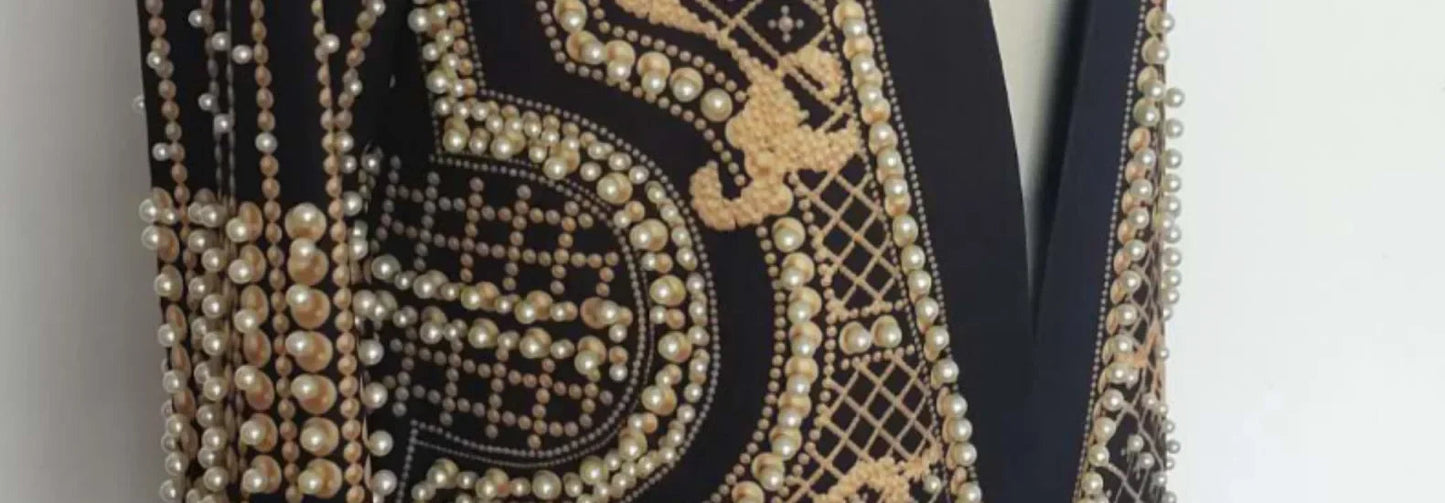 Pearl Embroidery Female Jacket, Full Sleeve Slim Jackets, V Neck, Hidden Button Print Suit, Large Size, Fall Fashion SS69