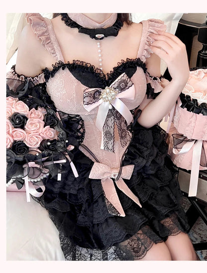 2024 New Spring Summer Ladies Exquisite Lace Skirt Suit Lolita Sweet Womens Black Pink Bow Tube Top Sling Short Cake Skirt Set SS69