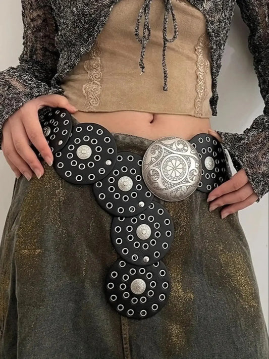 SS69 Women's Y2K Vintage Rivet Patchwork Wide Faux Leather Waist Belt