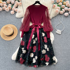 SINGREINY Senior Knitted Patchwork Dress Long Lantern Sleeves Bow Mesh Embroidery Floral Women Autumn France Elegant Party Dress