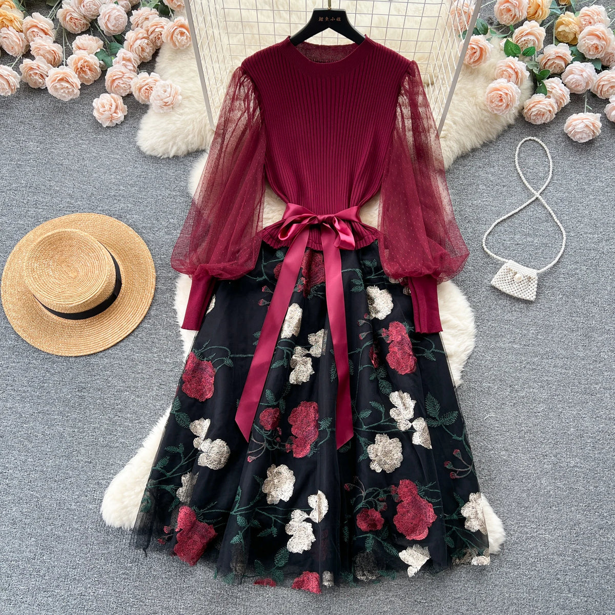 SINGREINY Senior Knitted Patchwork Dress Long Lantern Sleeves Bow Mesh Embroidery Floral Women Autumn France Elegant Party Dress