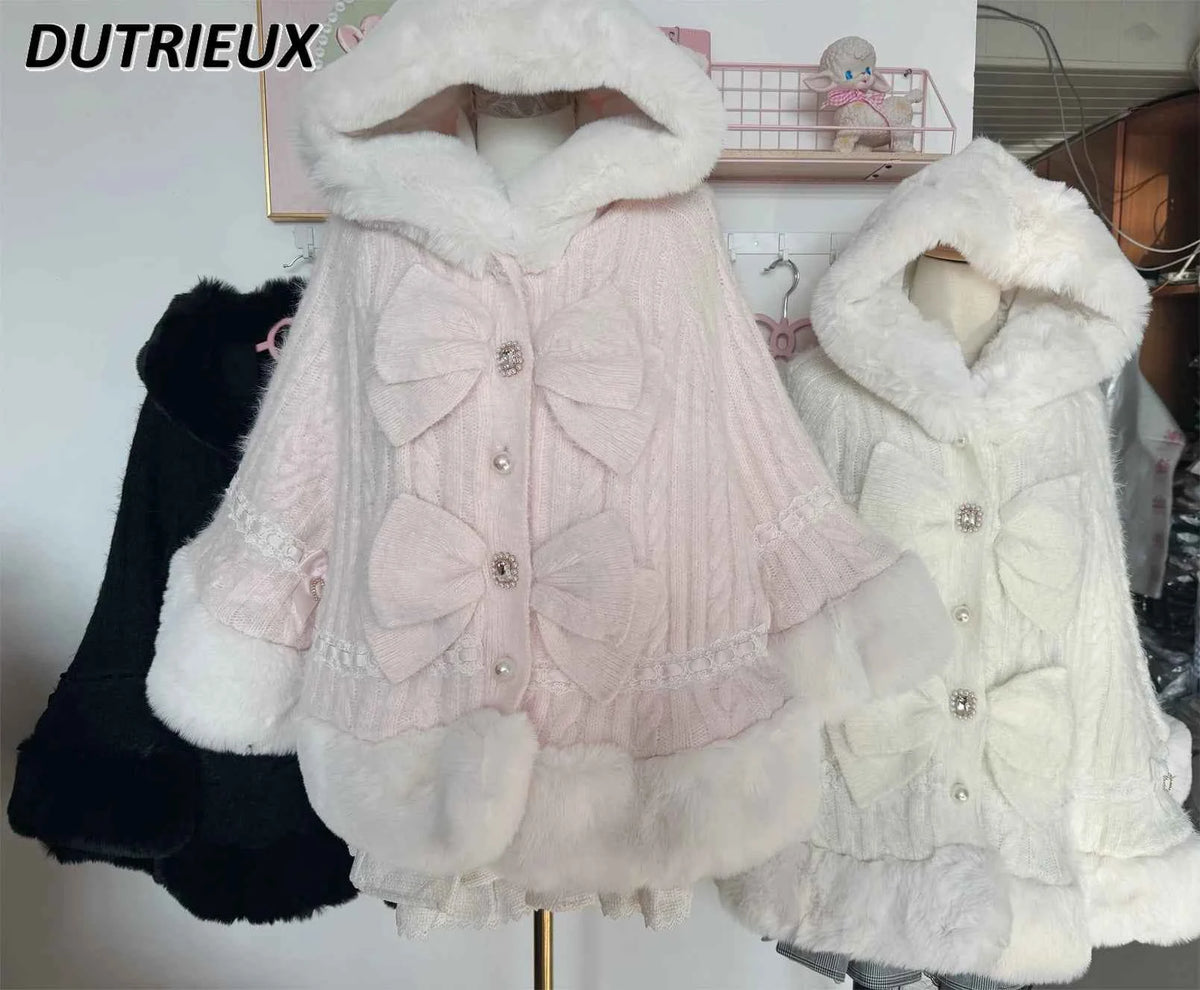 Fall Winter New Sweater Cardigan Women Japanese Mine Sweet Soft Waxy Thick Sweet Pearl Button Hooded Knitted Sweater Cape Jacket