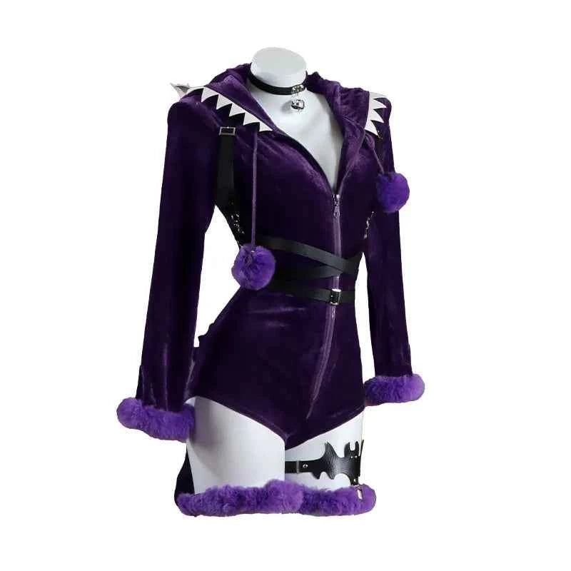 Anime Gengar Cosplay Costume Women Sexy Purple Ghost Romper Bodysuit Plush Hooded and Socks with Belt and Tail Halloween suit