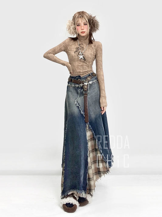 REDDACHiC Women's Irregular Patchwork Plaid Denim Maxi Skirt, Asymmetrical