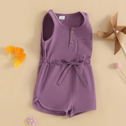 2024-12-04 Lioraitiin Litter Girls Summer Casual Jumpsuit Sleeveless Crewneck Solid Color Drawstring Tank Romper - SS69 